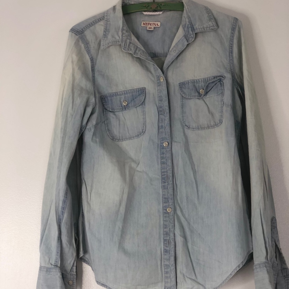 Levi. Denim button up top.